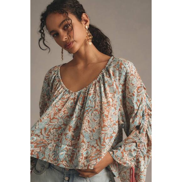 Anthropologie Floral Shirred Top Oversized Bohemian Hippie Tie Long Sleeves - Picture 2 of 11